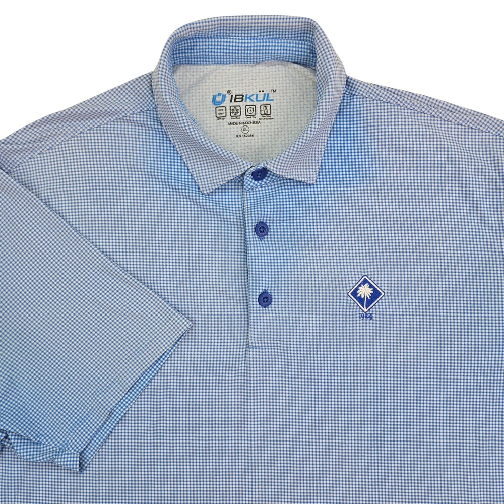 IBKUL Performance Polo Shirt Mens XL Blue Gingham UPF 50+ Quick Dry Golf Tennis